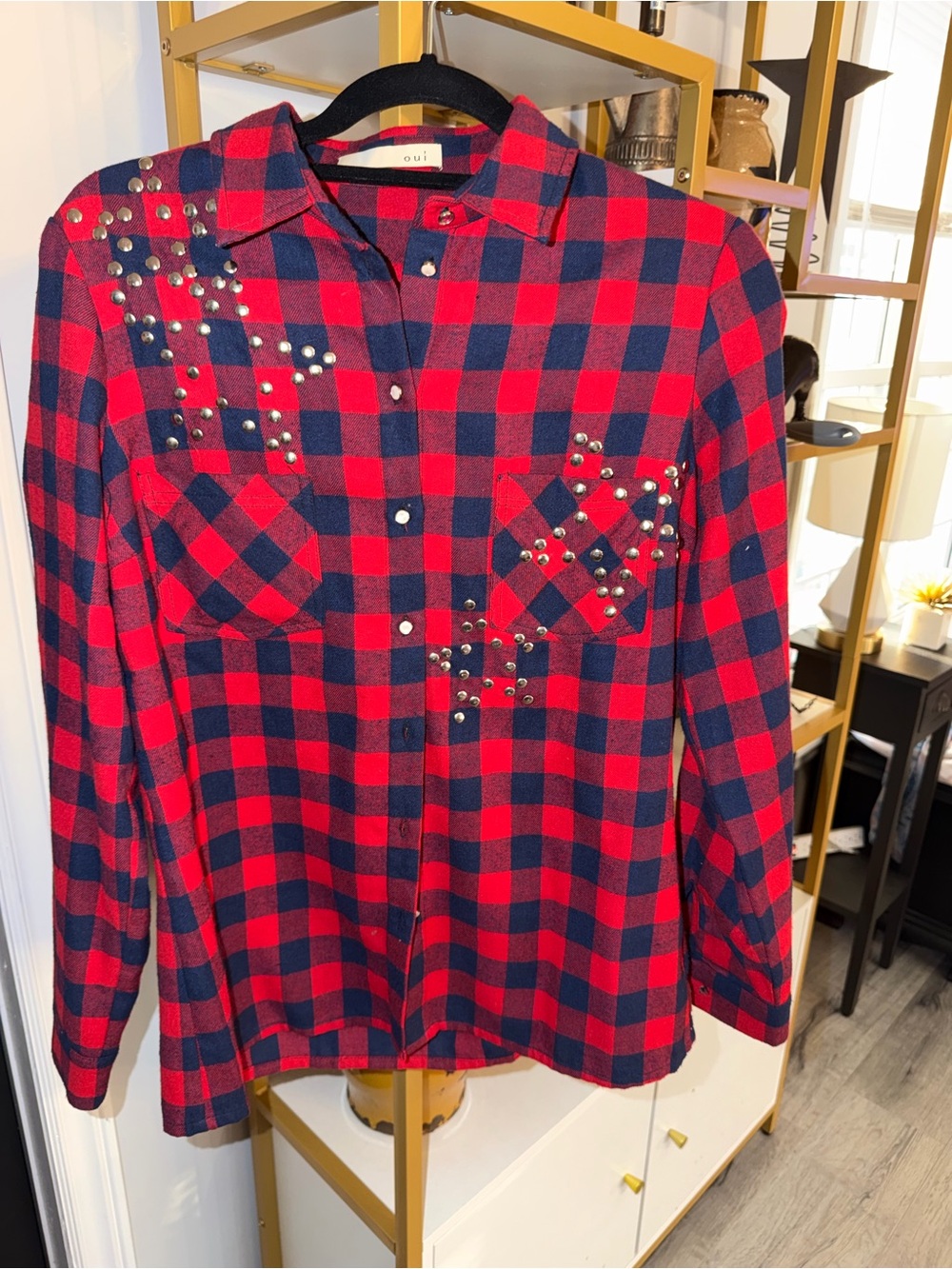 Oui Red & Navy Plaid Studded Button-Down Shirt